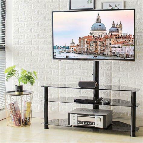 glass 3 tier shelf floor tv stand with swivel mount for 32 65