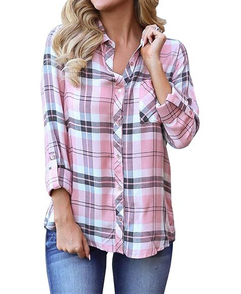 Grace Elbe Women’s Casual Loose Cuffed Sleeve Plaid Button Down Shirt