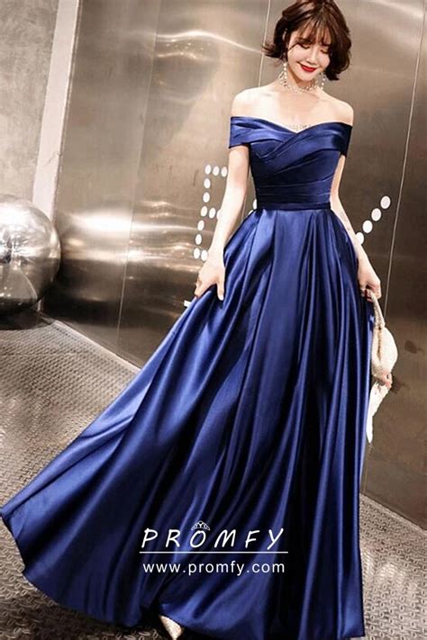 Sleek Dark Blue Satin Off The Shoulder Formal Dress Promfy