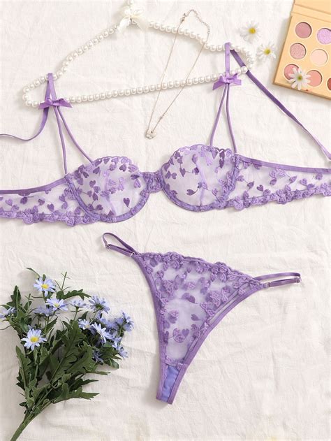 lilac purple collar heart sexy sets embellished slight stretch women