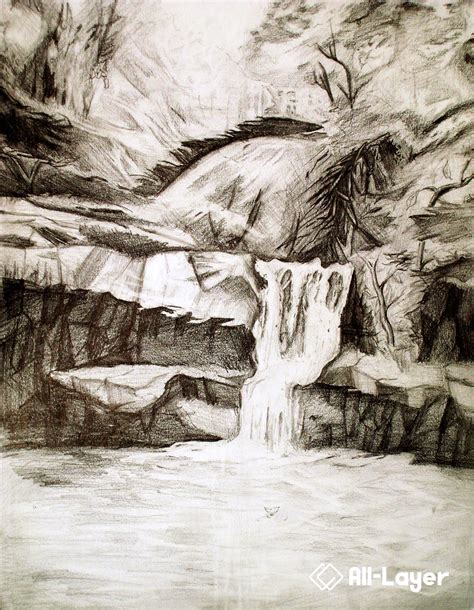 pencil drawing waterfall view drawing  layer