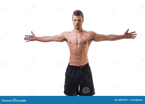 young muscle man shirtless  arms spread open stock photo image