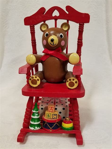 vintage christmas teddy bear  wooden rocking chair  box etsy