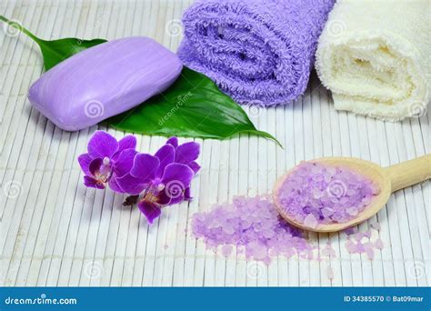 spa set  purple orchid stock photo image  treatment