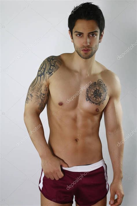 Sexy Male Posing Shirtless White Background Handsome Muscular Man