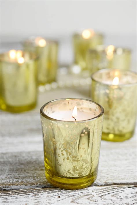 12 Pre Filled Candles Gold Mercury Glass Votive Holders 8 Hour Burn