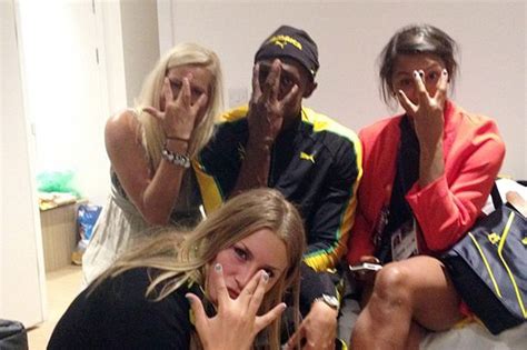 usain bolt parties with three of the swedish women s handball team with