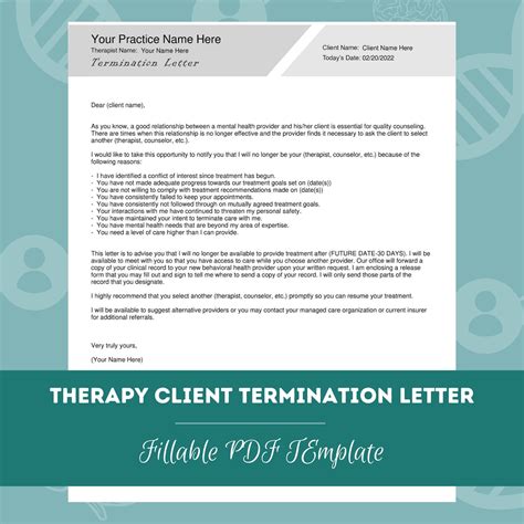 therapy client termination letter editable fillable  template