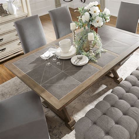 pennington grey wood rectangular tile top trestle dining table by