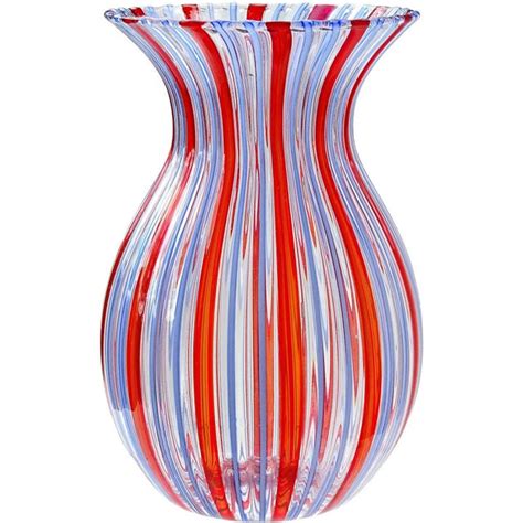 Murano Clear Red And Blue Ribbons Italian Art Glass Mid