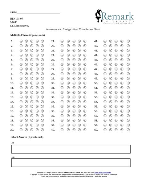 printable  question answer sheet  multiple choice