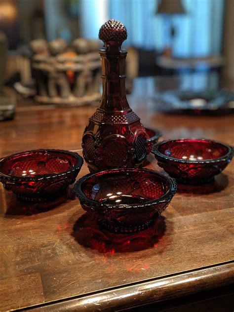 Vintage 1876 Cape Cod Avon Ruby Red Glass Decanter And 4 Small Bowls