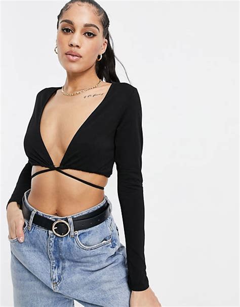 asos design diepuitgesneden top met lange mouwen overslag en strikbanden  zwart asos