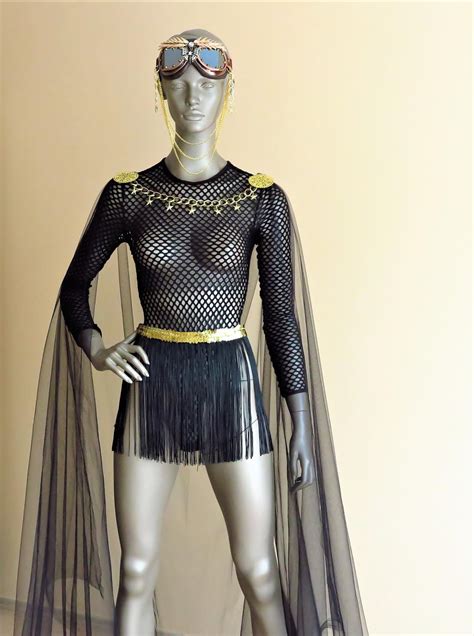 Burning Man Costume Women Rave Gold Bodysuit Steampunk Fringe Etsy