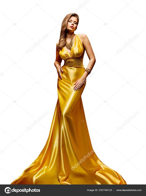fashion model gold dress woman full length portrait golden gown