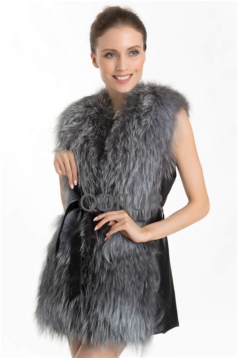 2017 ladies genuine stripe silver fox fur vest waistcoat with leather