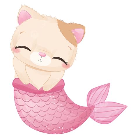 mermaid watercolor vector png images cute cat mermaid  watercolor