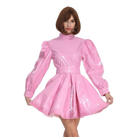 sissy french maid high collar long sleeves lockable pink pvc dress