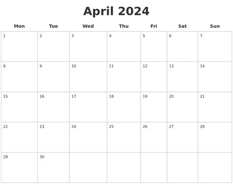 april  blank calendar pages