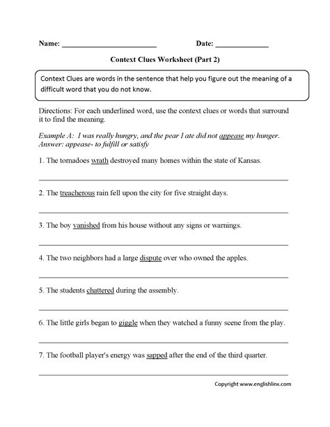 types  context clues worksheets