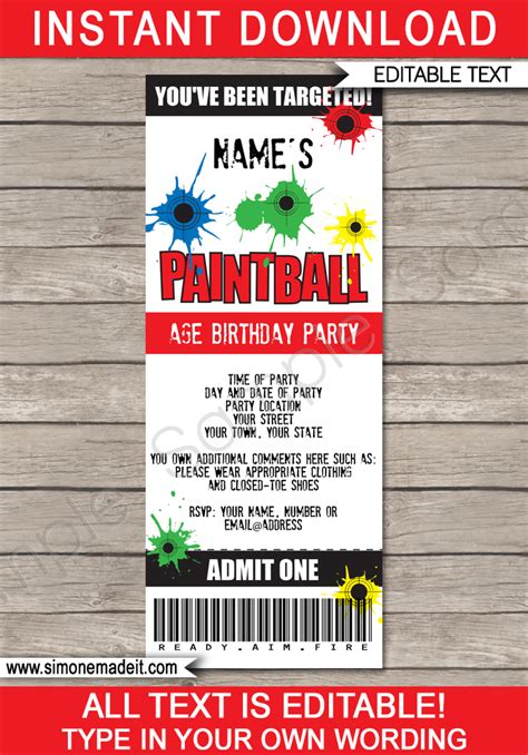 paintball party ticket invitation template printable birthday party