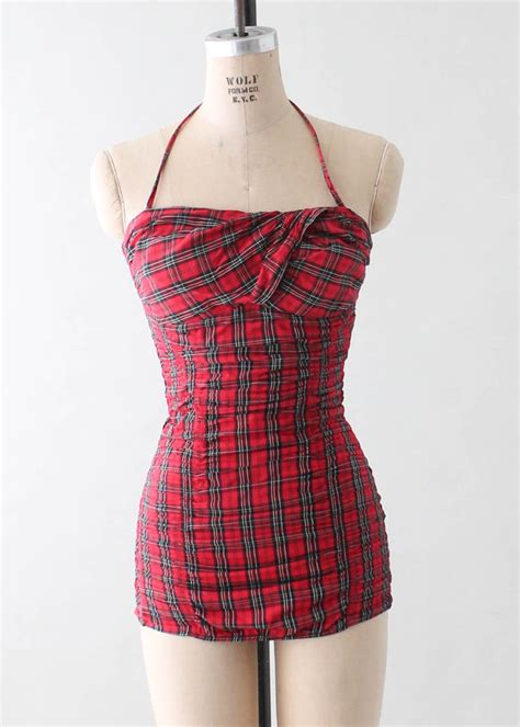 vintage 1950s jantzen red plaid pin up swimsuit raleigh vintage