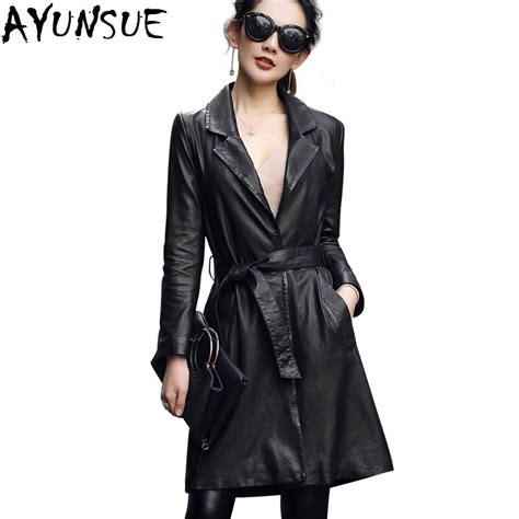 ayunsue autumn winter warm real leather jacket women black sex turn