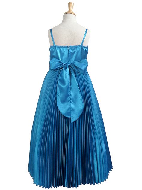 Turquoise Pleated Shiny Satin Long Dress