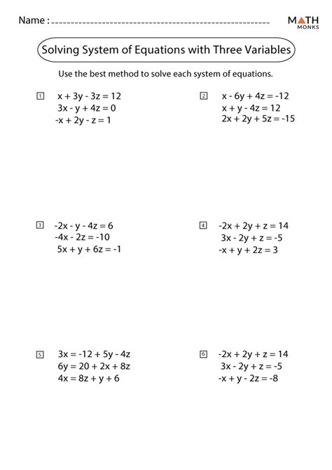 variable system  equations worksheets math monks