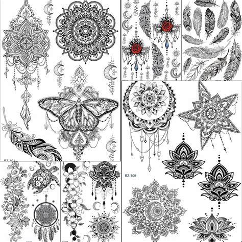 bohemia henna mandala flower temporary tattoos sticker moon feather