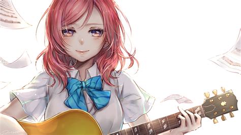 blush bow guitar instrument lma love live school idol project nishikino maki paper red hair