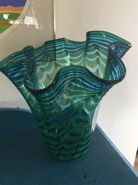 Large Hand Blown Modern Abstract Green Blue Art Glass Vase