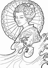 Geisha Japanese Drawings Adult Coloring Pages Choose Board Line sketch template