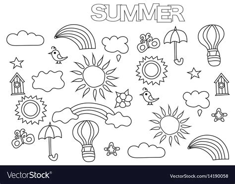 hand drawn summer weather set coloring book page vector image