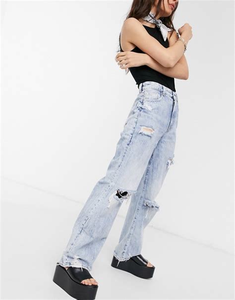 bershka  straight leg jeans  rips  light blue asos