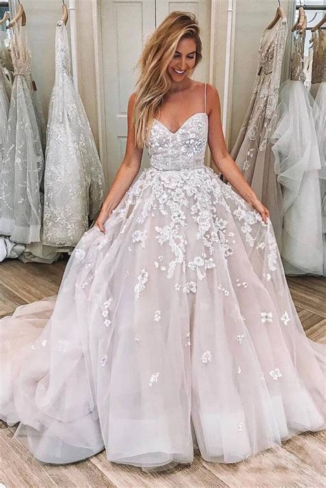 Ball Gown Pink Spaghetti Straps Sweetheart Wedding Dresses Tulle Bridal