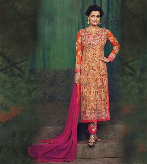 diya mirza orange faux georgette pakistani style suit 67532 fashion