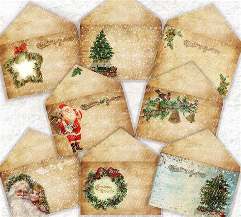 vintage christmas envelopes diy printable  set   etsy