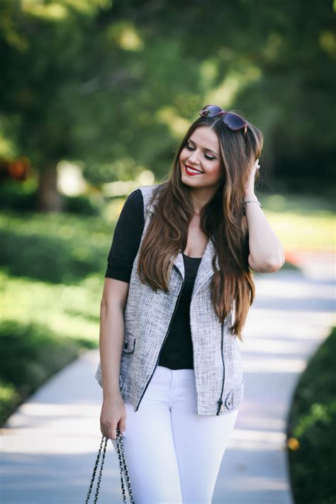 Ootd Tweed Moto Vest And White Skinny Jeans