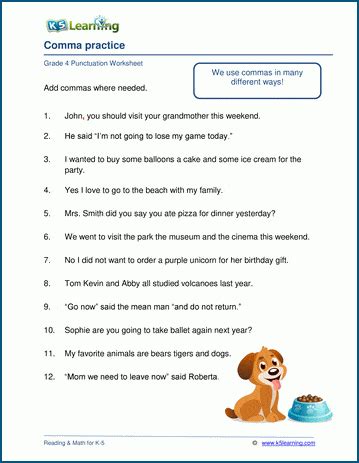 comma practice worksheets  learning