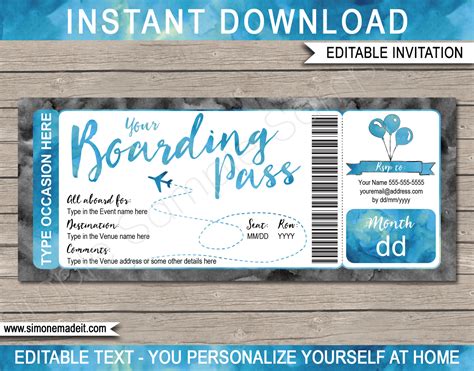 boarding pass invitation template printable destination plane ticket