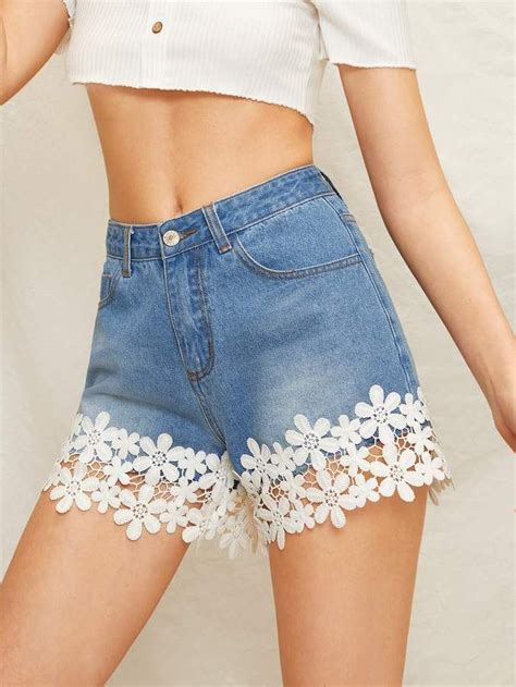 Shein Lace Appliques 5 Pocket Denim Shorts Denim And Lace Casual