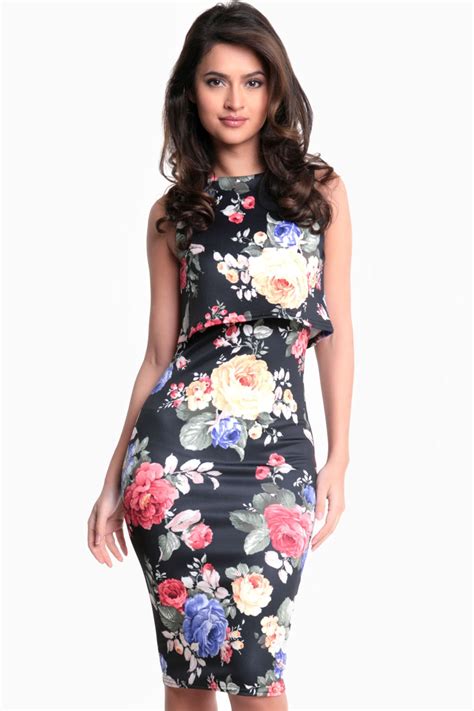 electra rose print bodycon dress in black iclothing