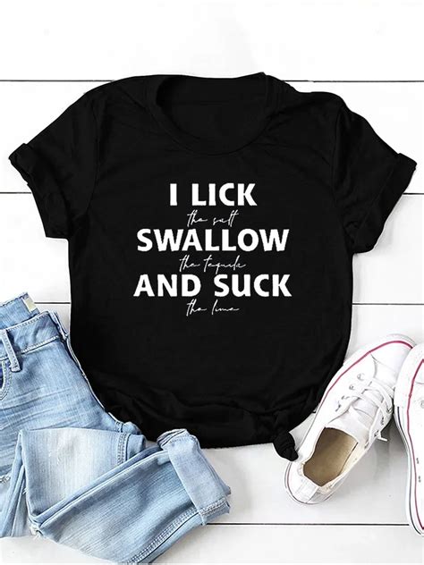 lick swallow and suck letter print women t shirt short sleeve o neck