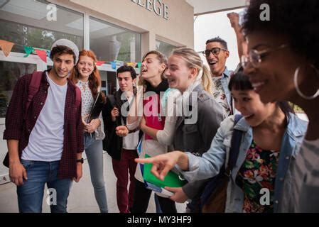 excited college students  campus   beautiful autumn day stock photo alamy