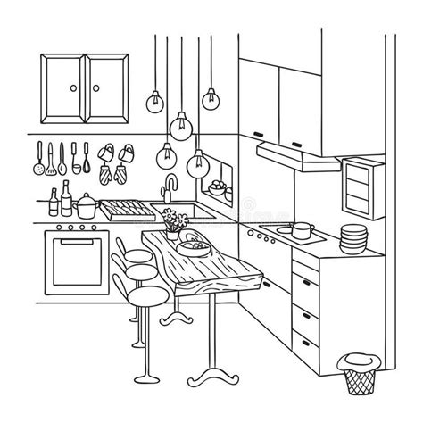 hand drawn  cute interior kitchen  design element  coloring