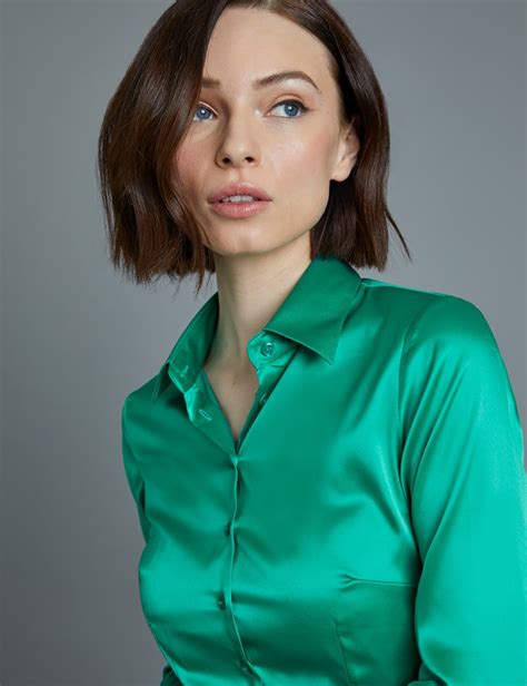 Women S Green Fitted Satin Shirt Single Cuff Hawes And Curtis