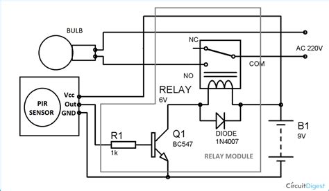 automatic room lights  pir sensor  relay circuit diagram
