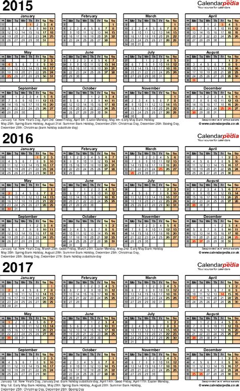three year calendars for 2015 2016 and 2017 uk for excel