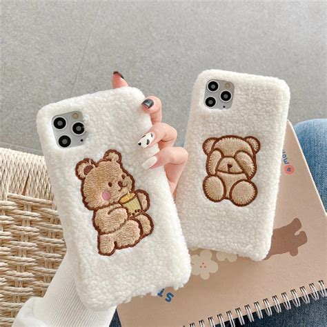 cute embroidery bear fuzzy phone case  iphone   pro max etsy